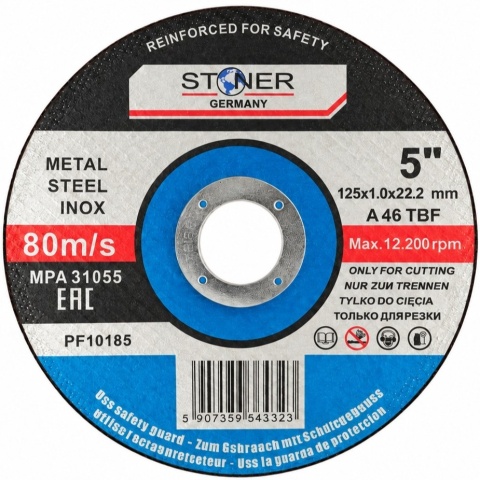 Tarcza do cięcia metalu, stali i INOX Stoner 125 x 1,0 x 22,2 mm A46 TBF – widok z przodu