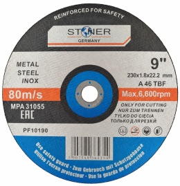 Tarcza do cięcia metalu, stali i stali nierdzewnej STONER Germany 230 × 1,8 × 22,2 mm, typ A 46 TBF, prędkość robocza 80 m/s i maksymalnie 6600 obr./min.