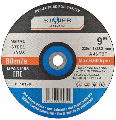 Tarcza do cięcia metalu, stali i stali nierdzewnej STONER Germany 230 × 1,8 × 22,2 mm, typ A 46 TBF, prędkość robocza 80 m/s i maksymalnie 6600 obr./min.