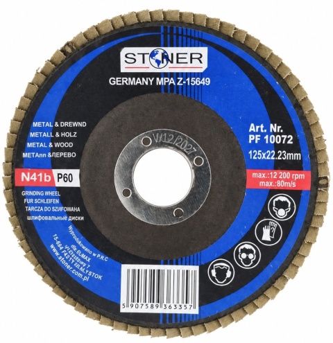 Tarcza lamelkowa STONER PF10072 P60 125 × 22,23 mm do metalu i drewna – strona z etykietą i parametrami technicznymi.