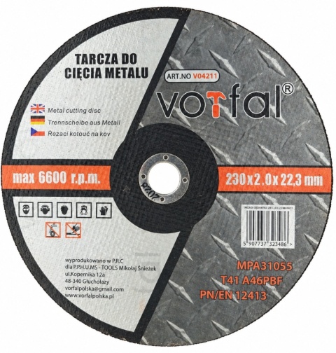 Tarcza do cięcia metalu VORFAL V04211 230×2,0×22,3 mm – przód