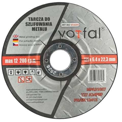 Tarcza do szlifowania metalu VORFAL 125 x 6,4 x 22,3 mm T27 A24PBF
